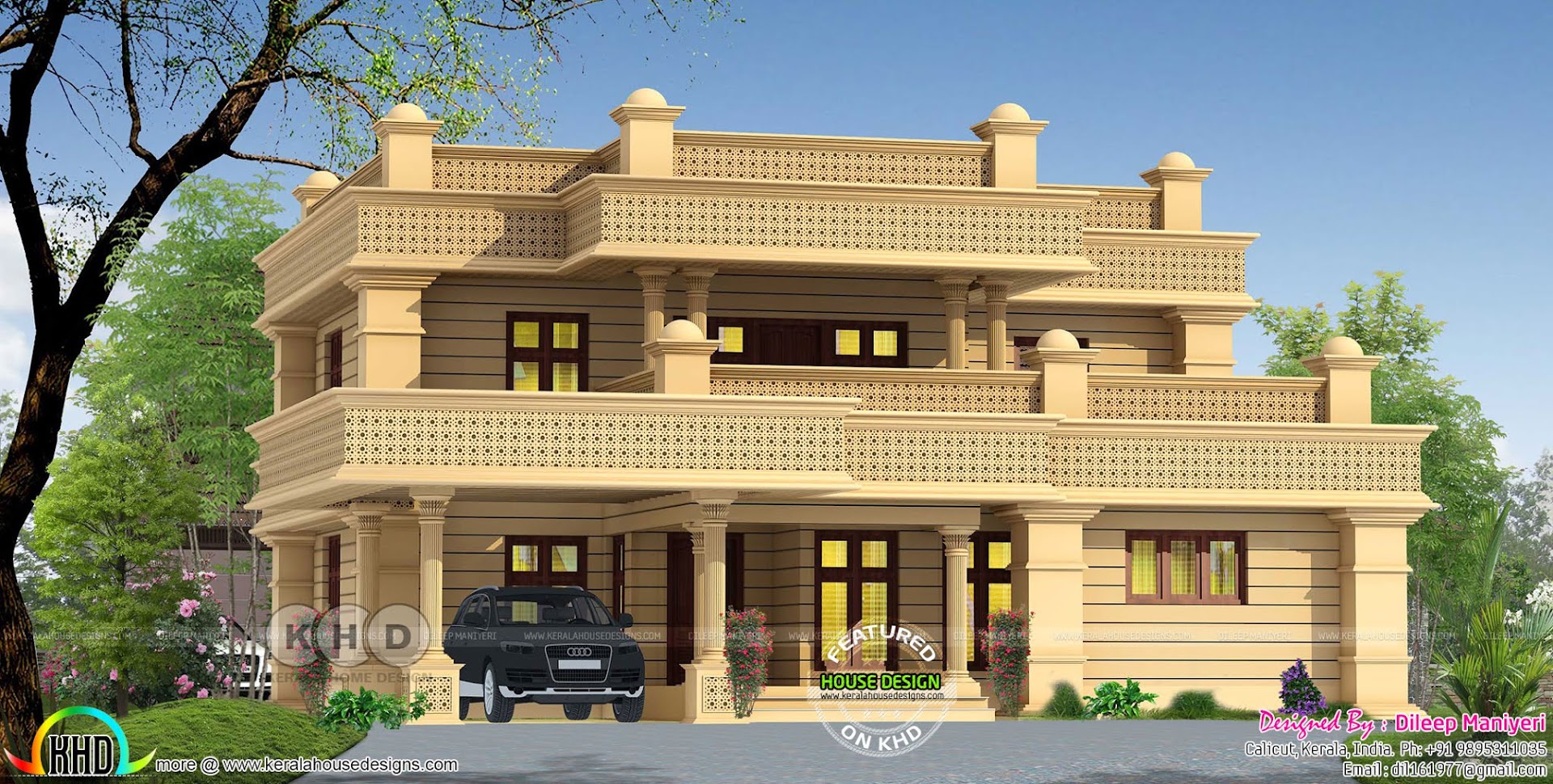 2610 sqft decorative Arabic model house plan Kerala home design and