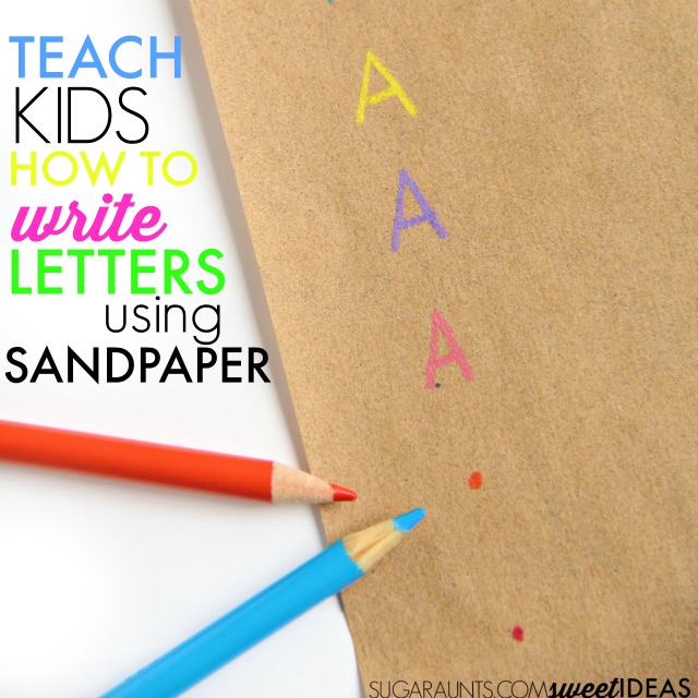 Use sandpaper as a strategy for helping kids to learn how to make letters, number formation, letter formation, spatial awareness, and line awareness in handwriting with a sensory, tactile, and proprioception activity.