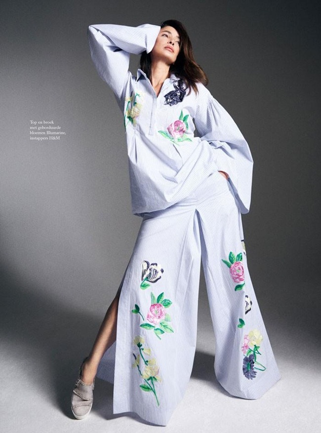 Harper's Bazaar Netherlands May 2016, Linda Spierings 2016 SS Blumarine Striped Cotton Poplin Mini Short Dress With Wide Leg Trousers Editorials