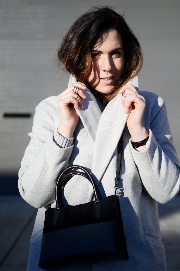 Gap cashmere sweater, white overalls, grey wool coat, Adidas superstars Vancouver fashion blogger Le Chateau rings