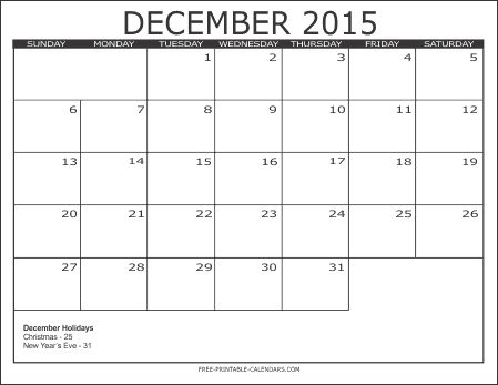 december 2015 printable calendar word