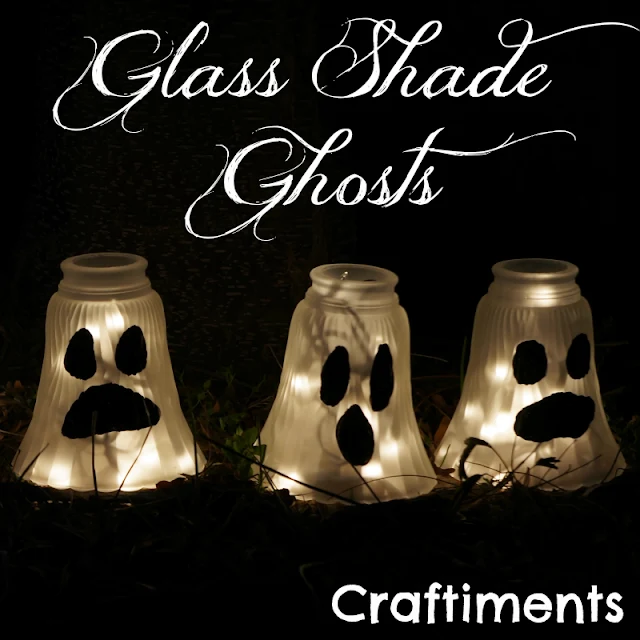 Glass Shade Ghosts for Halloween decor by Craftiments featured on I Love That Junk