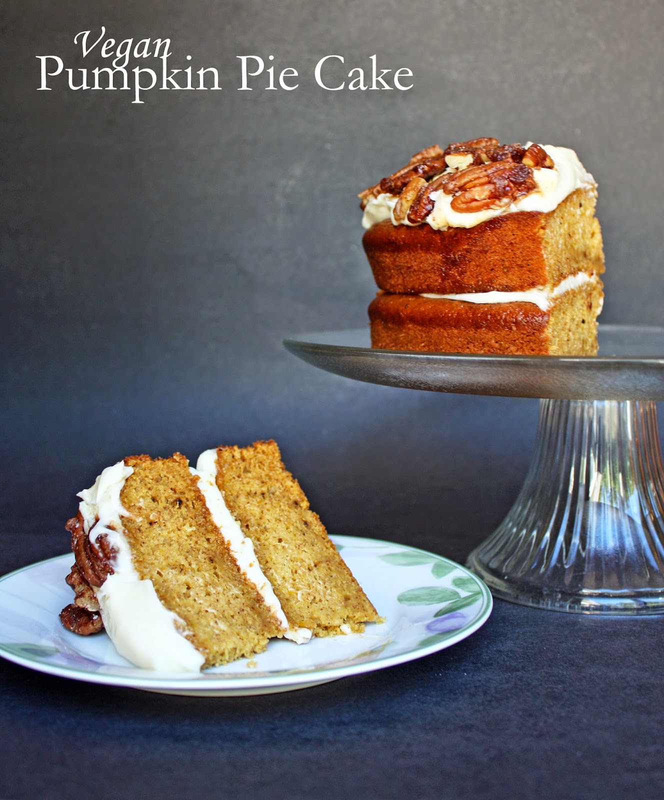 pumpkin pie cake with cream cheese frosting and candied pecans