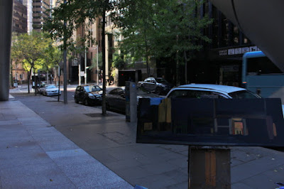 plein air oil Painting  of Panorama of Castlereagh st, from Hunter st to Martin Place' by industrial heritage artist Jane Bennett