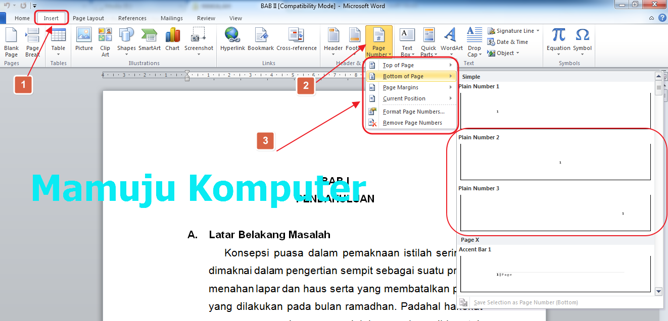 Cara Membuat Nomor Halaman (Page Number) Pada Microsoft Word