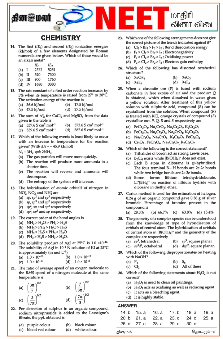 NEET2017 Exam Model Questions Prepared by Dinamalar Dated 02.04.2017