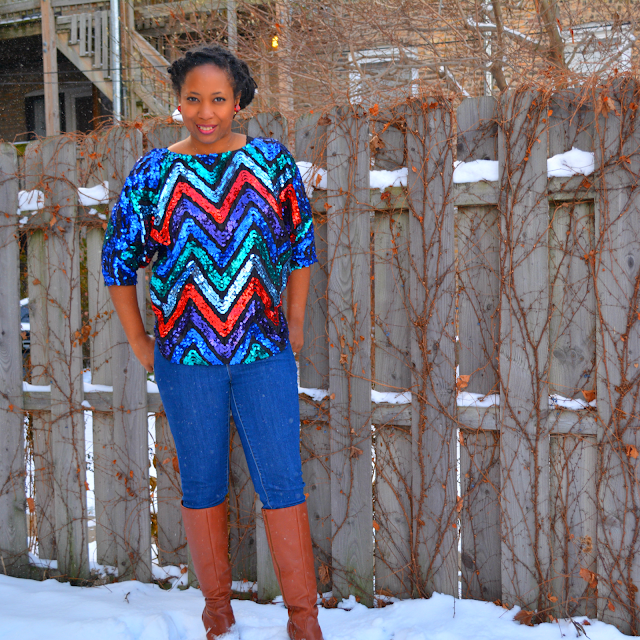 vintage sequin tunic worn with jeans