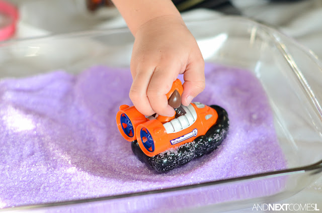 Fine motor sensory activity for kids using lavender scented epsom salt and cookie cutters from And Next Comes L
