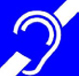 International deafness symbol depicting an ear in white and a white diagonal stripe on a blue background.