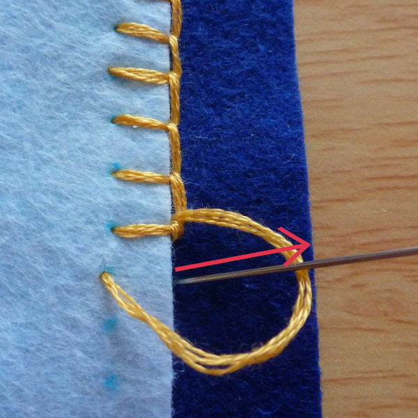 Pulling the needle in the direction of the arrow for sewing