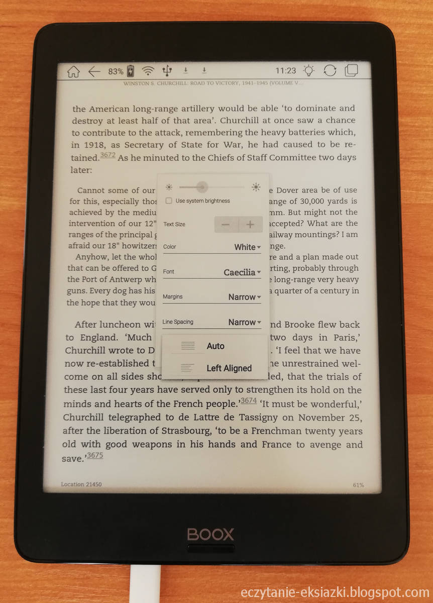 Ustawienia układu tekstu w aplikacji Kindle na Onyx Boox Nova