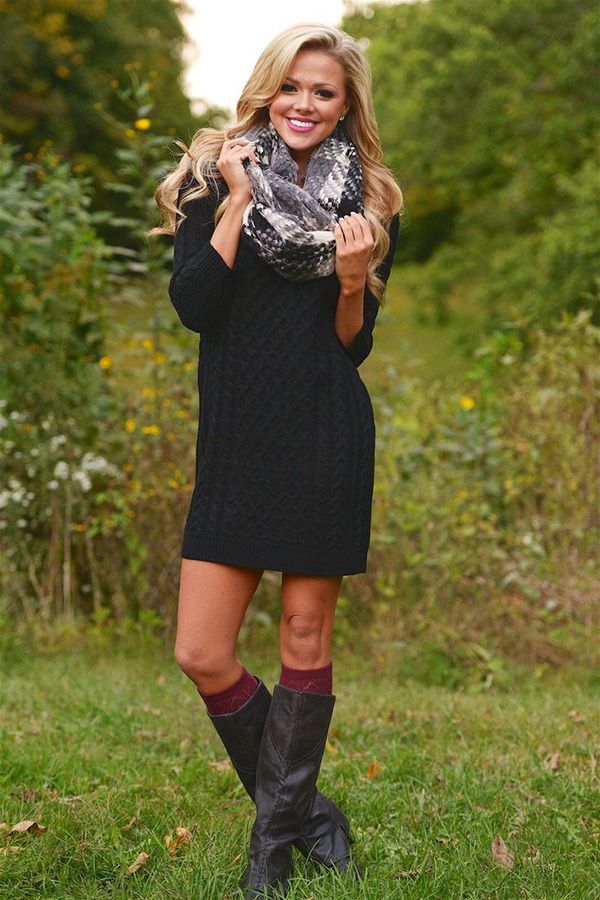 16. Stay cozy with a scarf that matches the dress.
