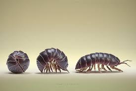Three images of a Roly Poly, or pill bug. One is all rolled up, one half rolled up and the other on its feet.r