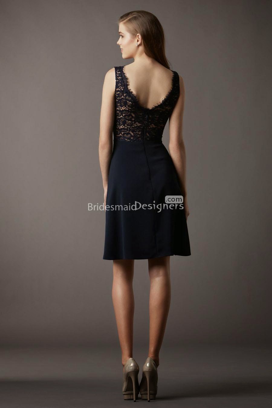 Elegant V-neck Sleeveless Short A-line Lace Bodice Bridesmaid Dress-2