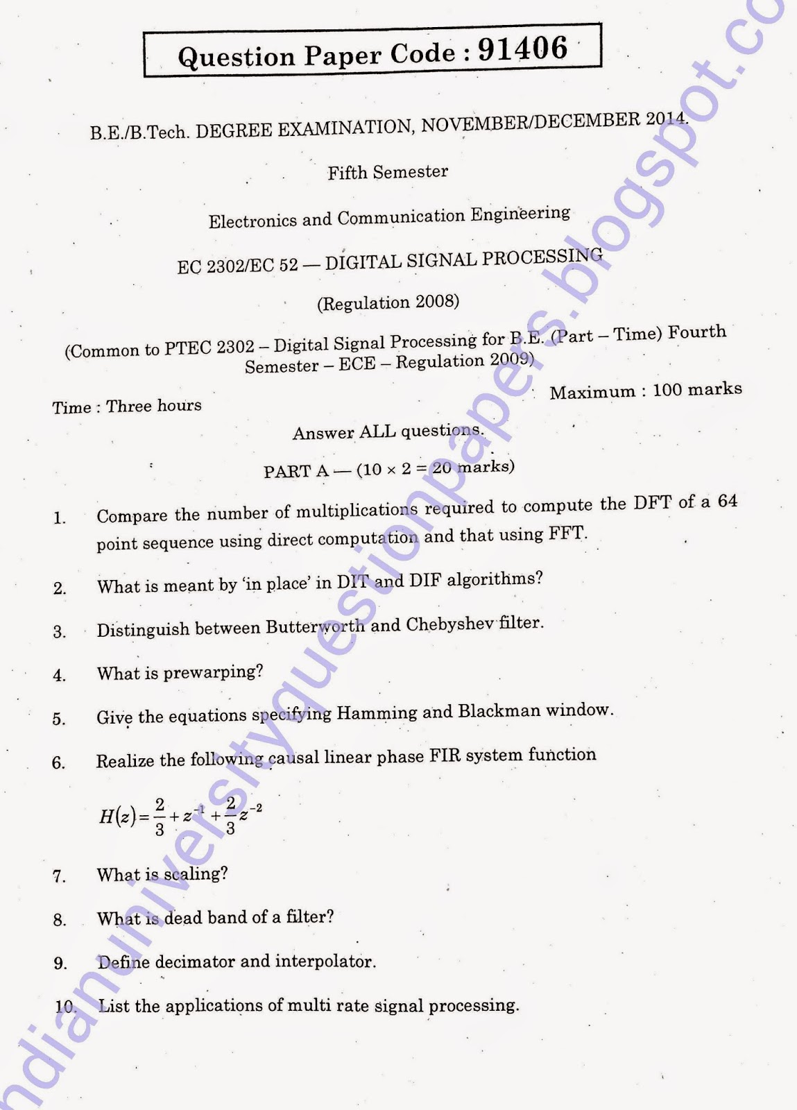 EC 2302, EC 52 Digital Signal Processing Question Paper 2014 in Nov
