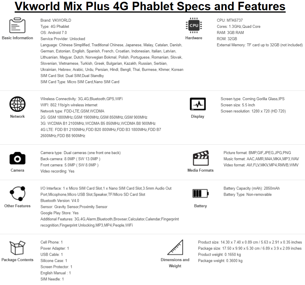 Vkworld Mix Plus Specs and Features