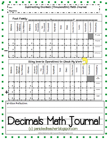 Decimal Math Journal Teaching Decimals