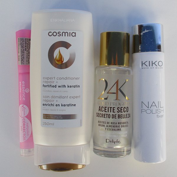 Cosmia Aconditioner Repair+ / Essence Corrector Pen / Kiko Makeup Milano Nail Polish Fixer / Deliplus Aceite Seco 24K gold Progress