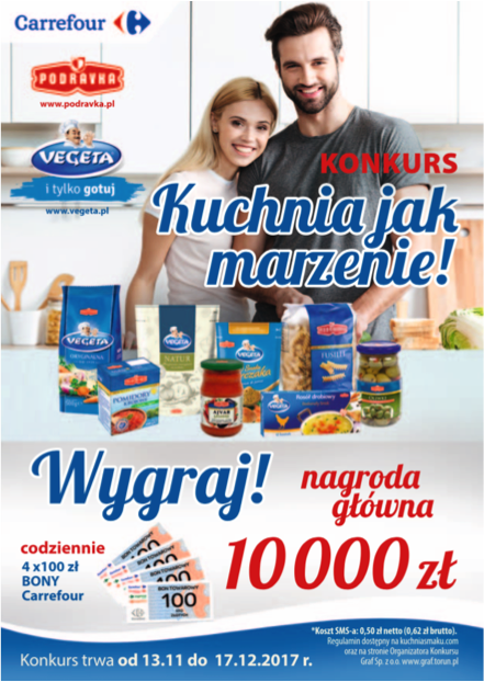 Do wygrania 140 bonów do sieci sklepów Carrefour o wartości 100 zł Konkurs