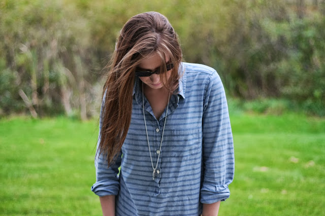 Pink and Navy Stripes: Stripe Chambray