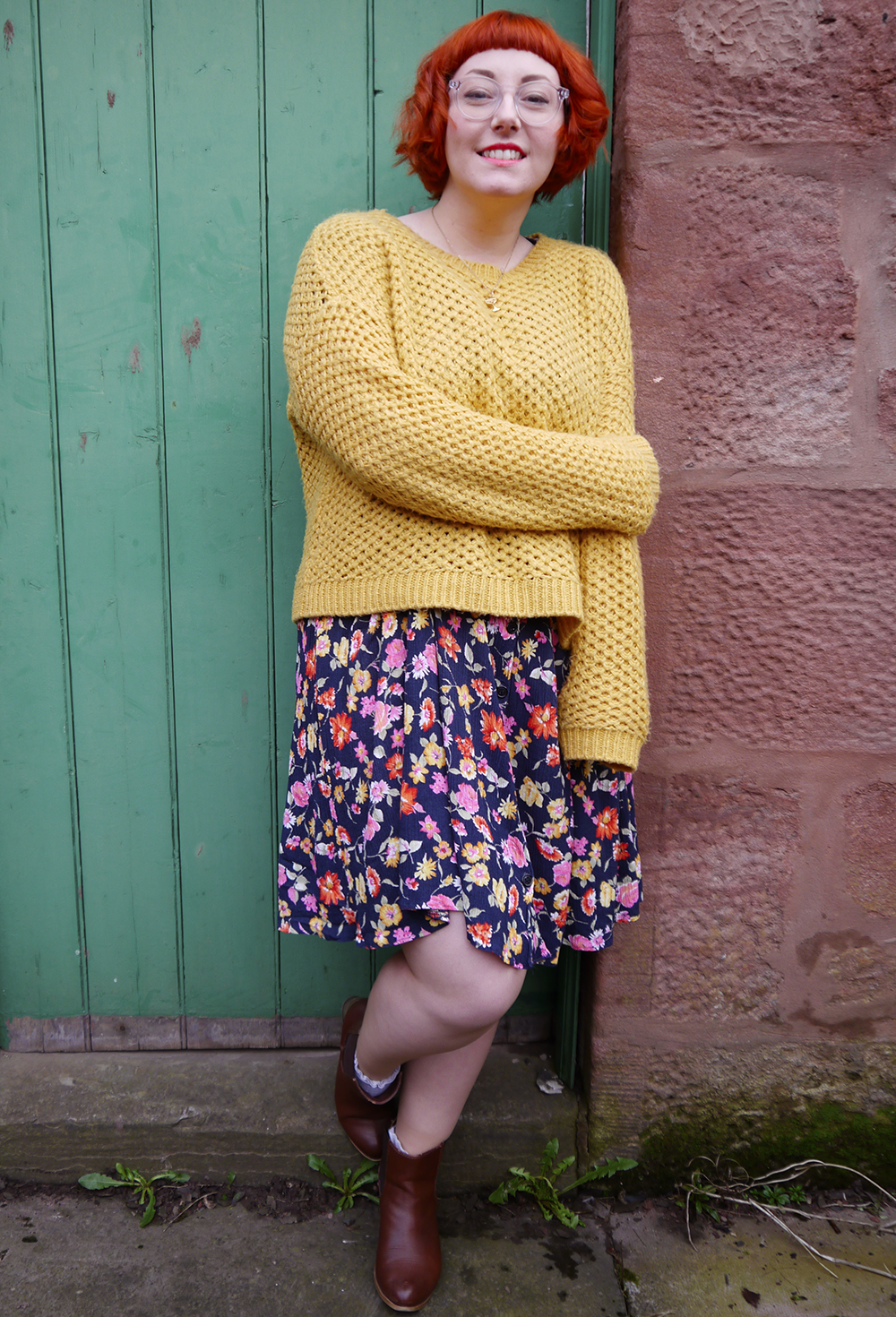 Vintage style, vintage floral dress. vintage kilo sale, mustard chunky knit jumper, cody style, comfy outfit, brown zara boots, The Lucky Dip Club charm necklace, Scottish Blogger, red head, ginger bob, Iolla clear glasses