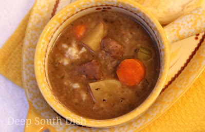 A creamy beef stew with potatoes, onion, carrot and celery and cooked in the slow cooker. Here it is served over rice, in the Deep South tradition.