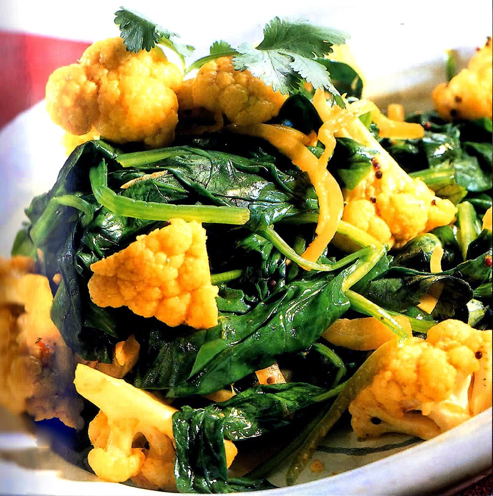 Curried Cauliflower and Spinach: A dish of cauliflower and spinach in a lightly-curried vegetable stock base. A versatile dish that can be served as a starter, an accompaniment or even as a vegetarian main course.