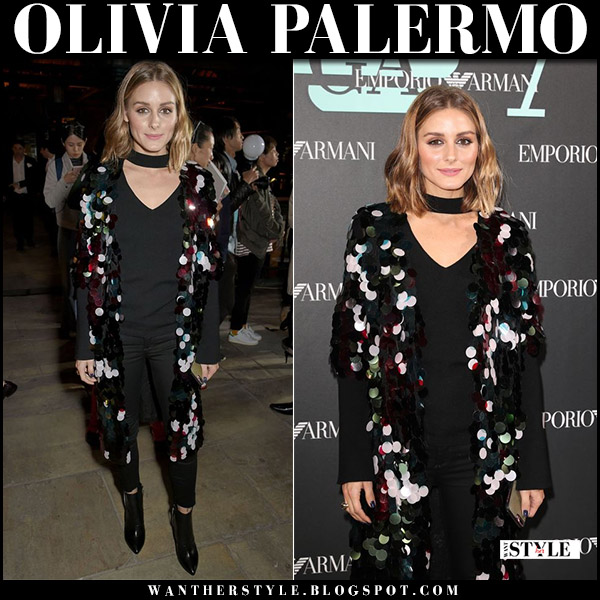 Olivia Palermo in black sequined cardigan and black chocker sweater at