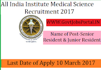All India Institute Medical Sciences Recruitment 2017– Senior Resident & Junior Resident Officer