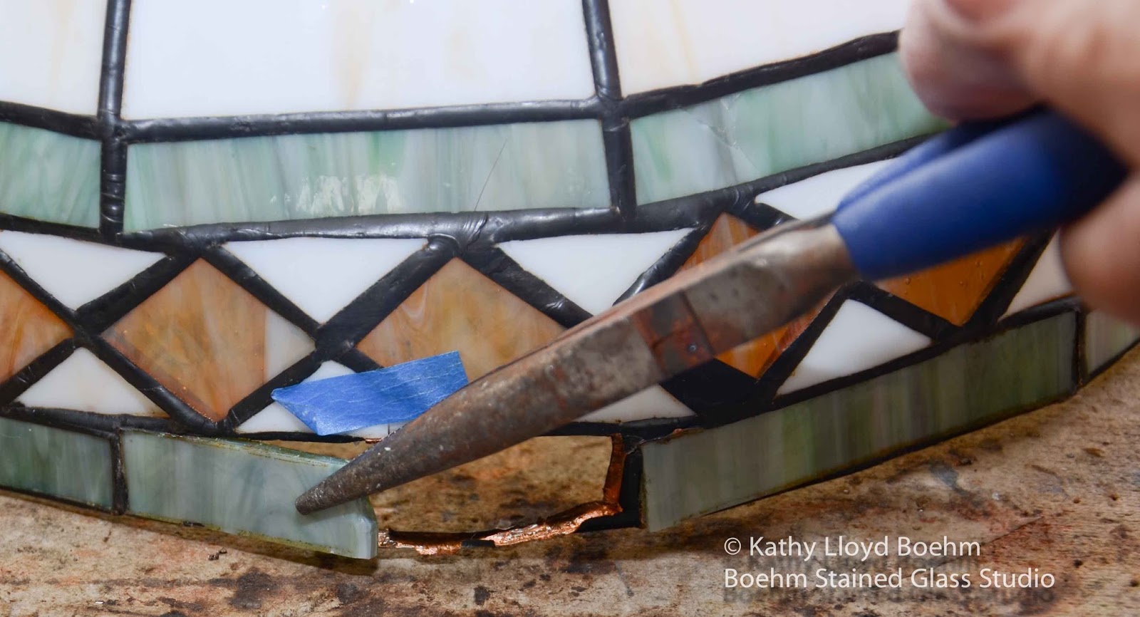 Boehm Stained Glass Blog White lamp with Checkered Edge Repair