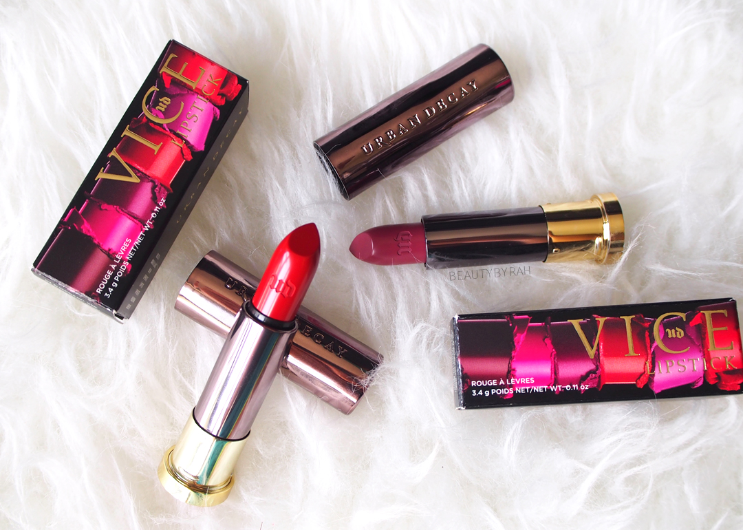 Urban Decay Vice Lipstick in Temper and Crisis Swatches