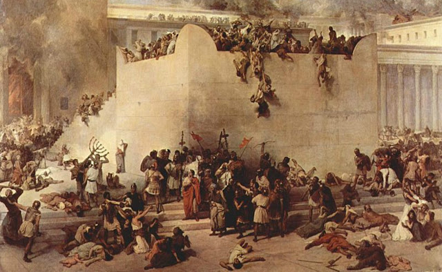 Картина Франческо Айеца «Разрушение Храма в Иерусалиме» изображает разрушение Второго Храма римскими солдатами. Масло, холст, 1867.