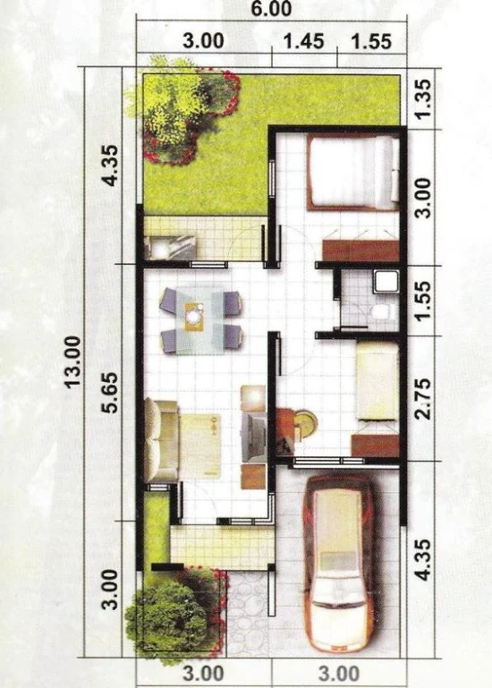 denah rumah minimalis dengan lebar 6 meter 1 lantai