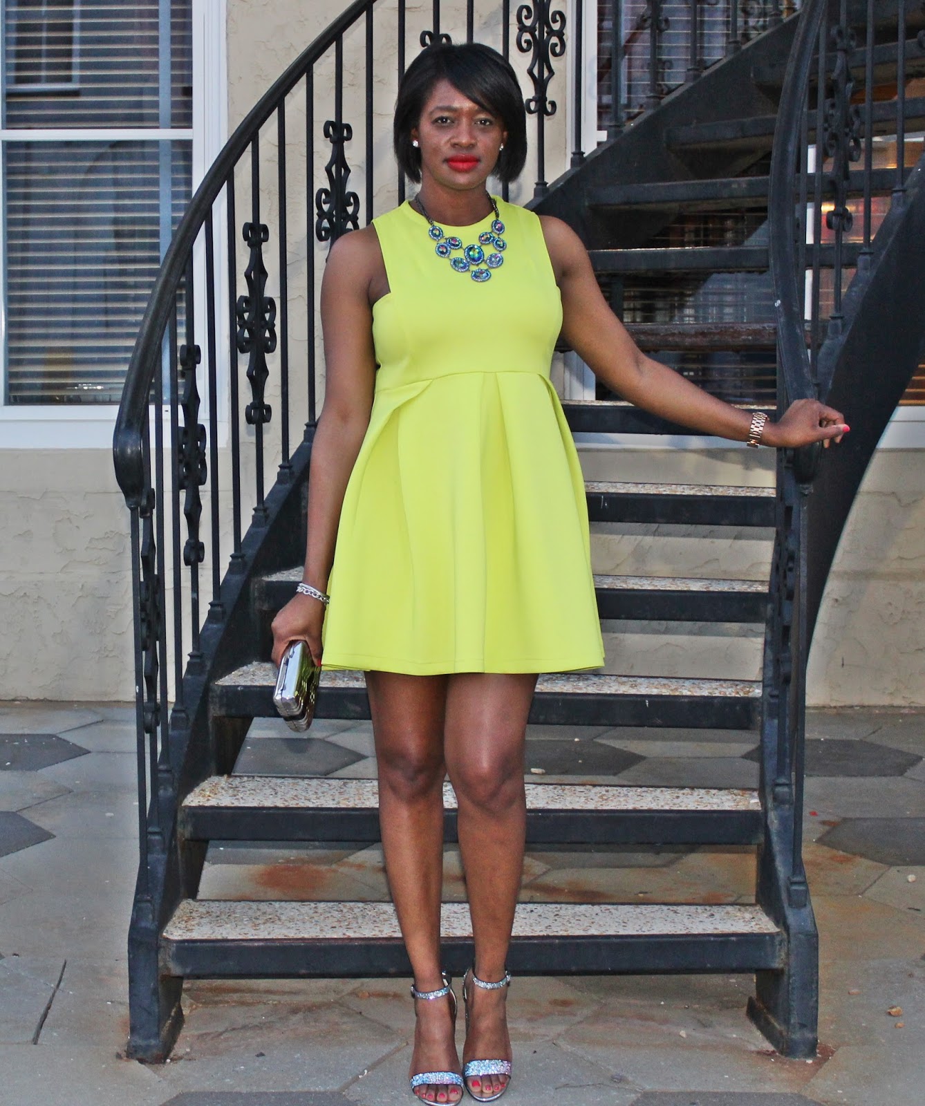 What I Wore Neon Yellow Scuba Dress + Glitter Heels Two Stylish Kays
