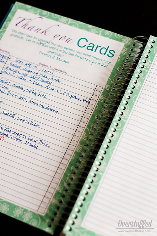 Use your planner to keep track of thank you notes you need to send. The Mom on the Go planner has a great section for keeping track of thank you cards that need to be written and sent.