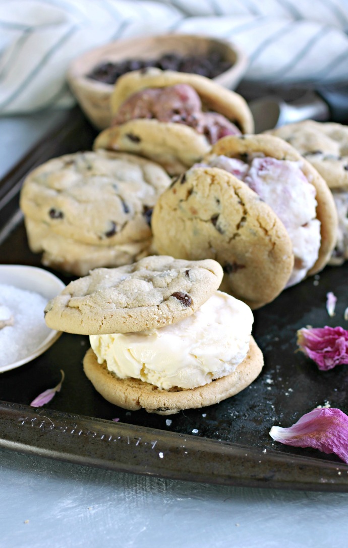 Recipe for thick and chewy peanut butter chocolate chip cookies with ice cream sandwiched in between.
