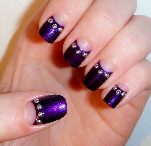 Violet Nail Art with Golden Beads