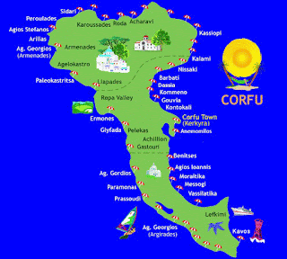 Mapa con playas de la Isla de Corfú.