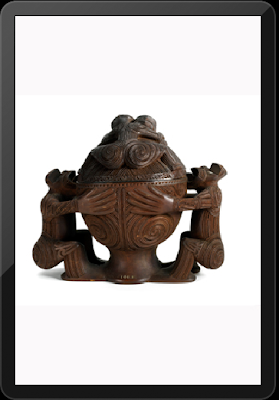 Kumete (Round Bowl with two figure supports with lid) late 19th century - Maori artis Anaha Te Rahu