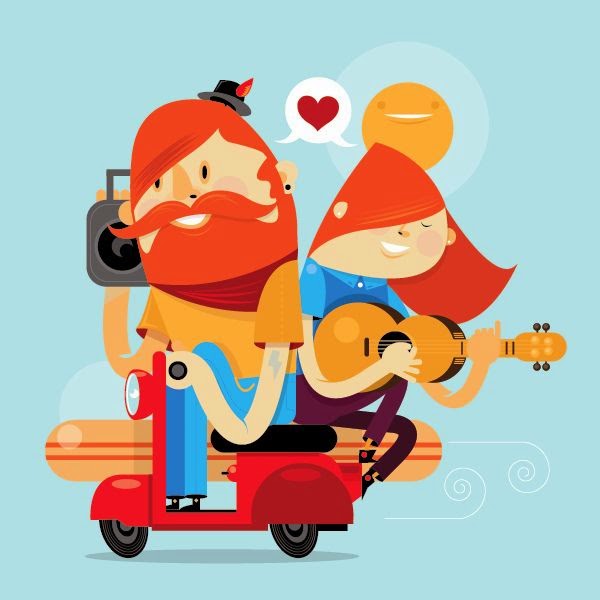 red haired hippie couple on a vespa illustration by Dylan Jones