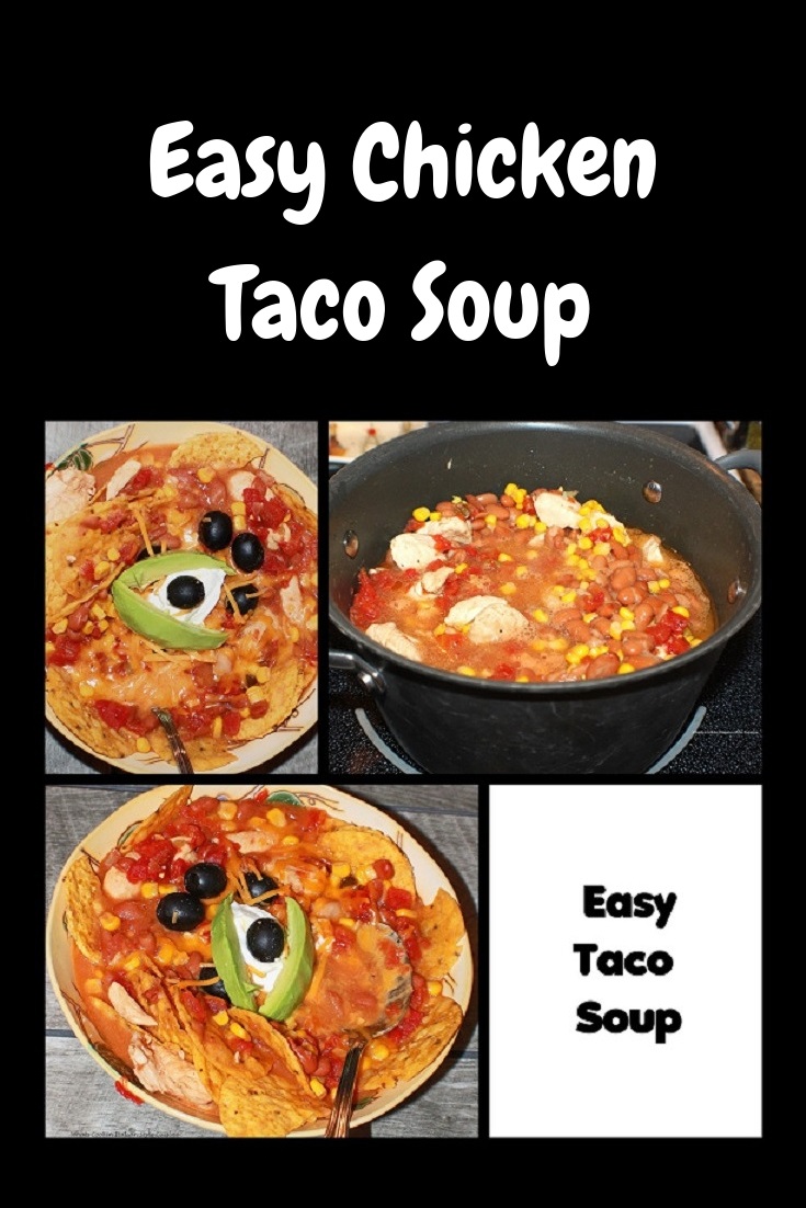 this is how to make a quick taco soup with chicken tortilla cheese and olives  This is bowl of taco soup with sour cream and cheese tortilla, olives, avocado in a thick bean sauce