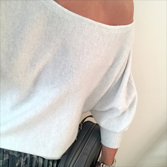 my midlife fashion, iris and ink off the shoulder cashmere jumper, j crew leather cross body bag, asos camouflage satin pleated maxi skirt, golden goose superstar low top leather trainers