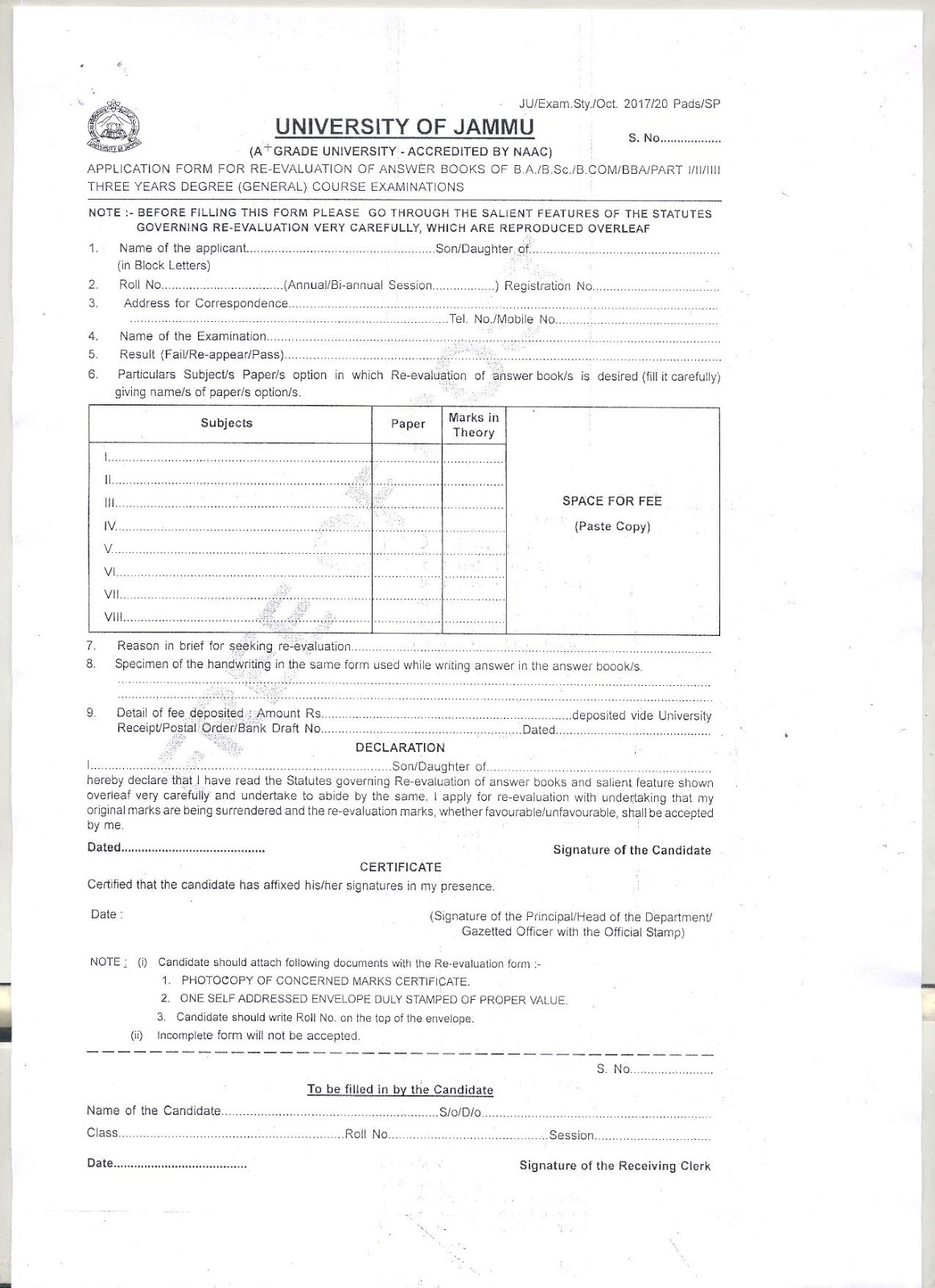 re evaluation form jammu university
APPLICATION FORM FOR RE-EVAL OF ANSWER BOOKS - BA/B.SC./B ... re evaluation form jammu university
APPLICATION FORM FOR RE-EVAL OF ANSWER BOOKS - BA/B.SC./B ...