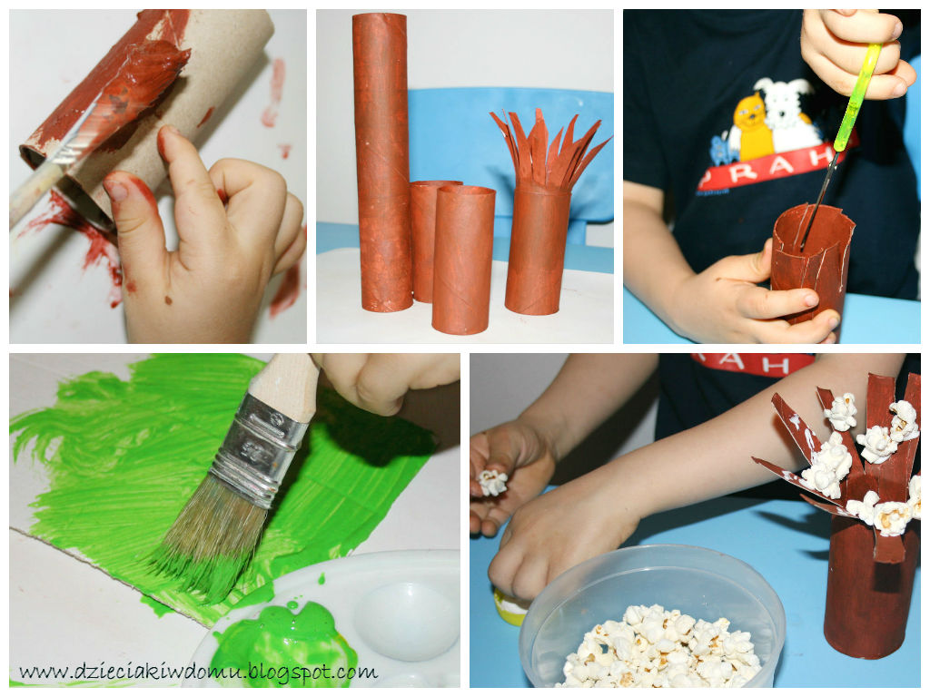 wiosenne drzewka z popcornu i rolek po papierze toaletowym, kreatywna zabawa dla dzieci