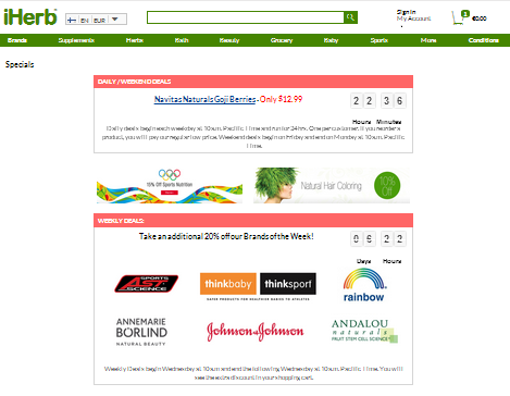 iHerb tarjoaa 20% alennuksen Brand of the Week tuotemerkeistä. iHerb tarjoaa 20% alennuksen Brand of the Week tuotemerkeistä. Sivulle pääsee Super Specials linkin kautta