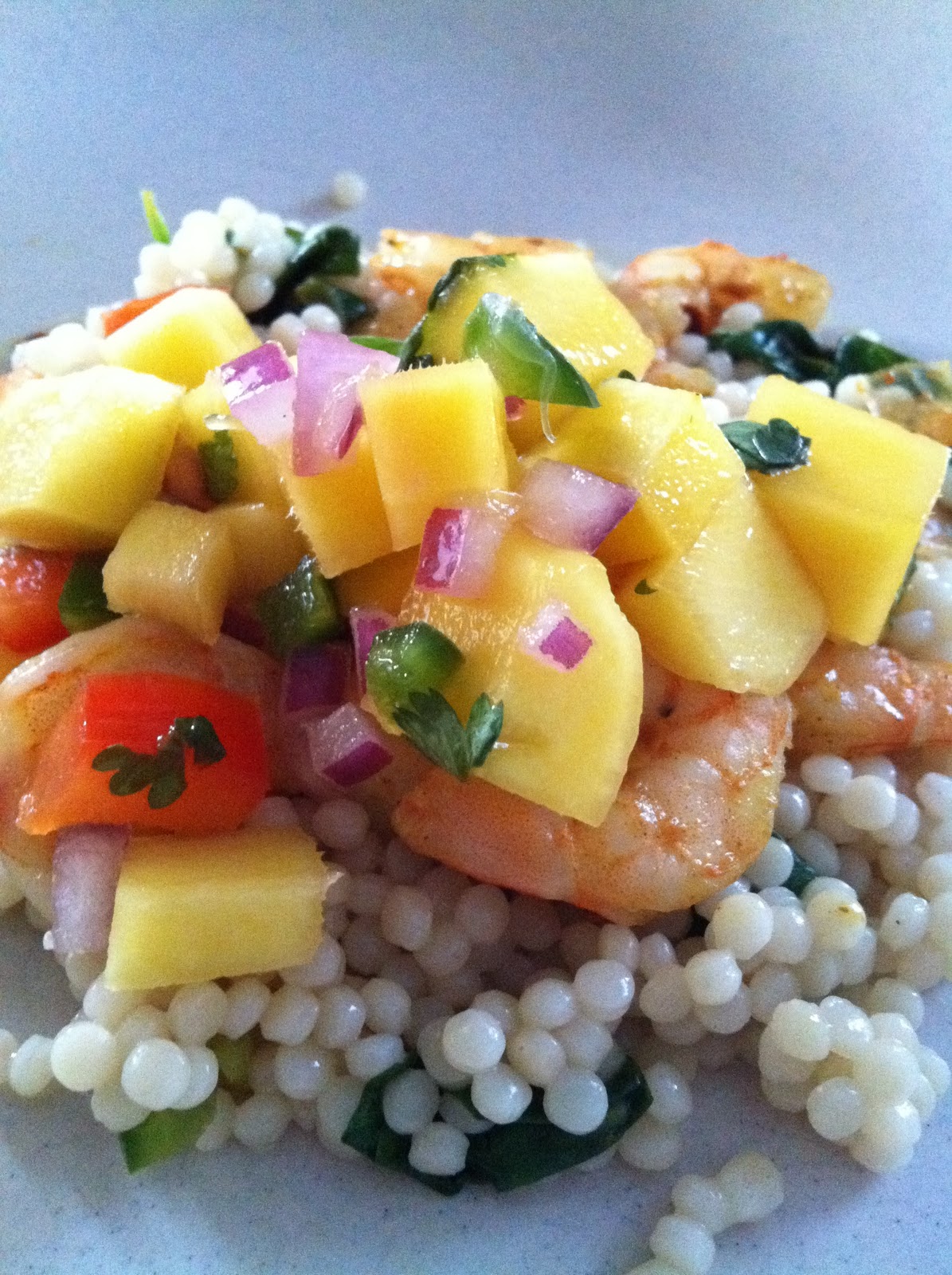 New To Nesting curried shrimp over Israeli couscous with mango salsa