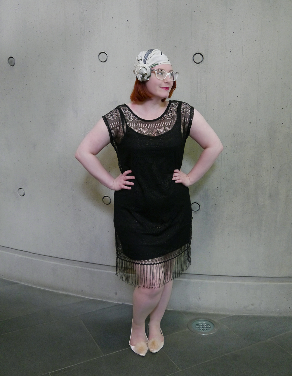 Dressing to a Theme Styled by Helen, Scottish Bloggers, Dundee blogger, 1920s fashion, 1920's style, vintage style, headscarf style, scarf style, vintage scarf, George at Asda, ASOS pom pom shoes, pom pom flats, 1920s headscarf style, fringed dress, The McManus, Dundee
