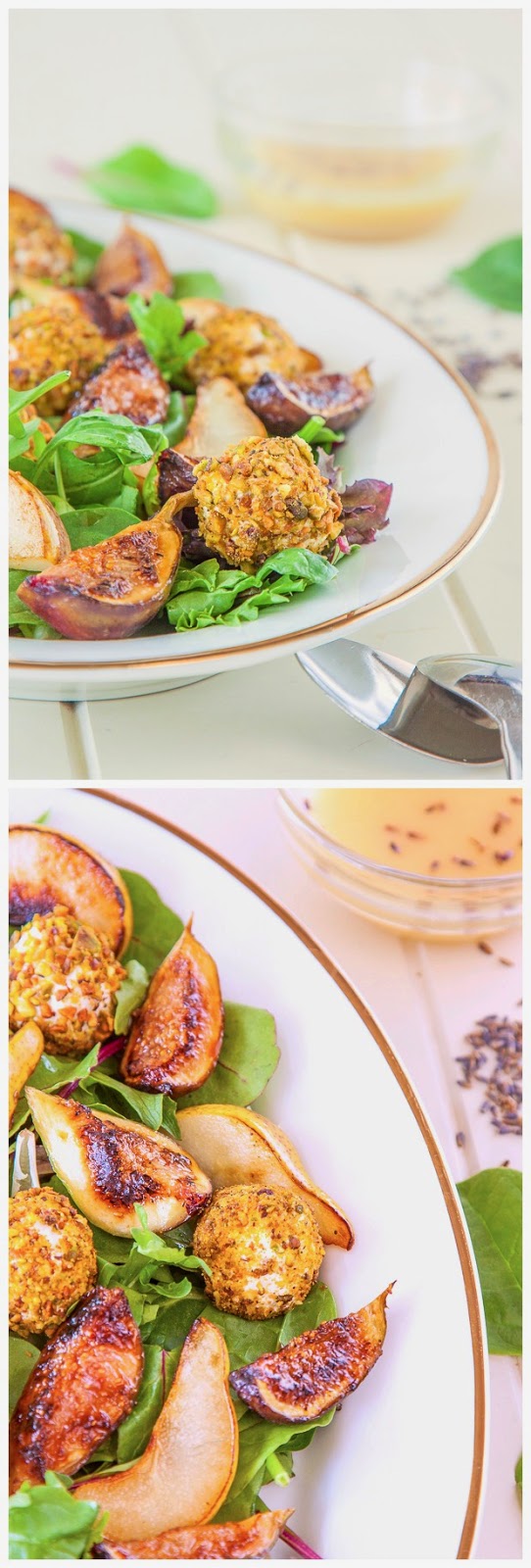 Fig and Pear Salad with Pistachio Crusted Labne and Honey and Lavender