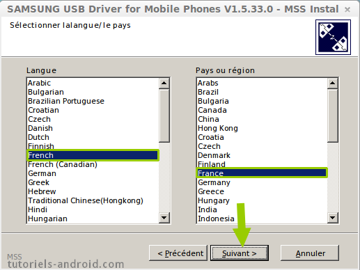 Drivers USB pour SAMSUNG : choisir la langue