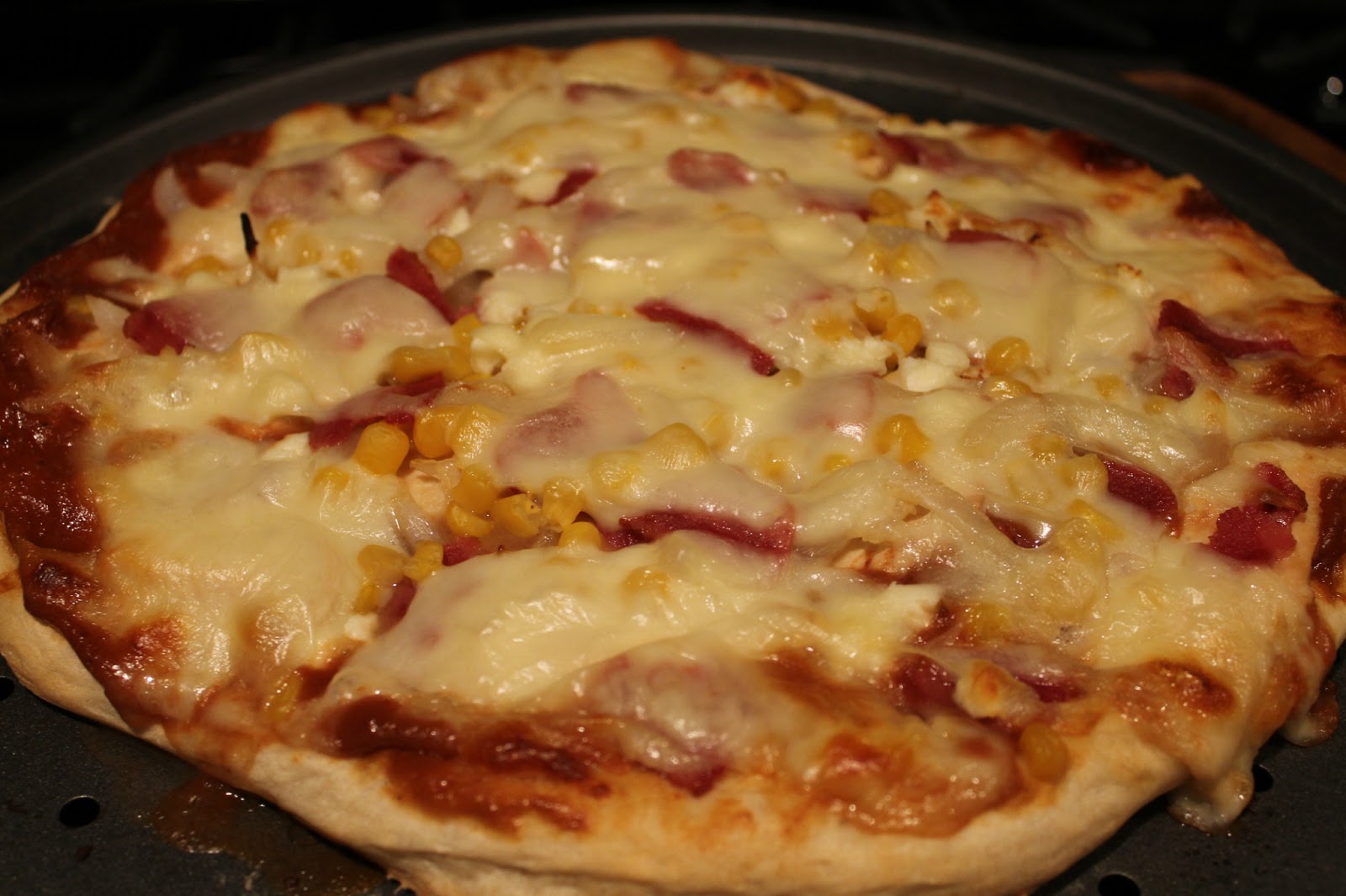 Notes from the Nelsens BBQ Chicken Pizza w/ Fresh Mozzarella, Feta, Turkey Bacon, and Corn